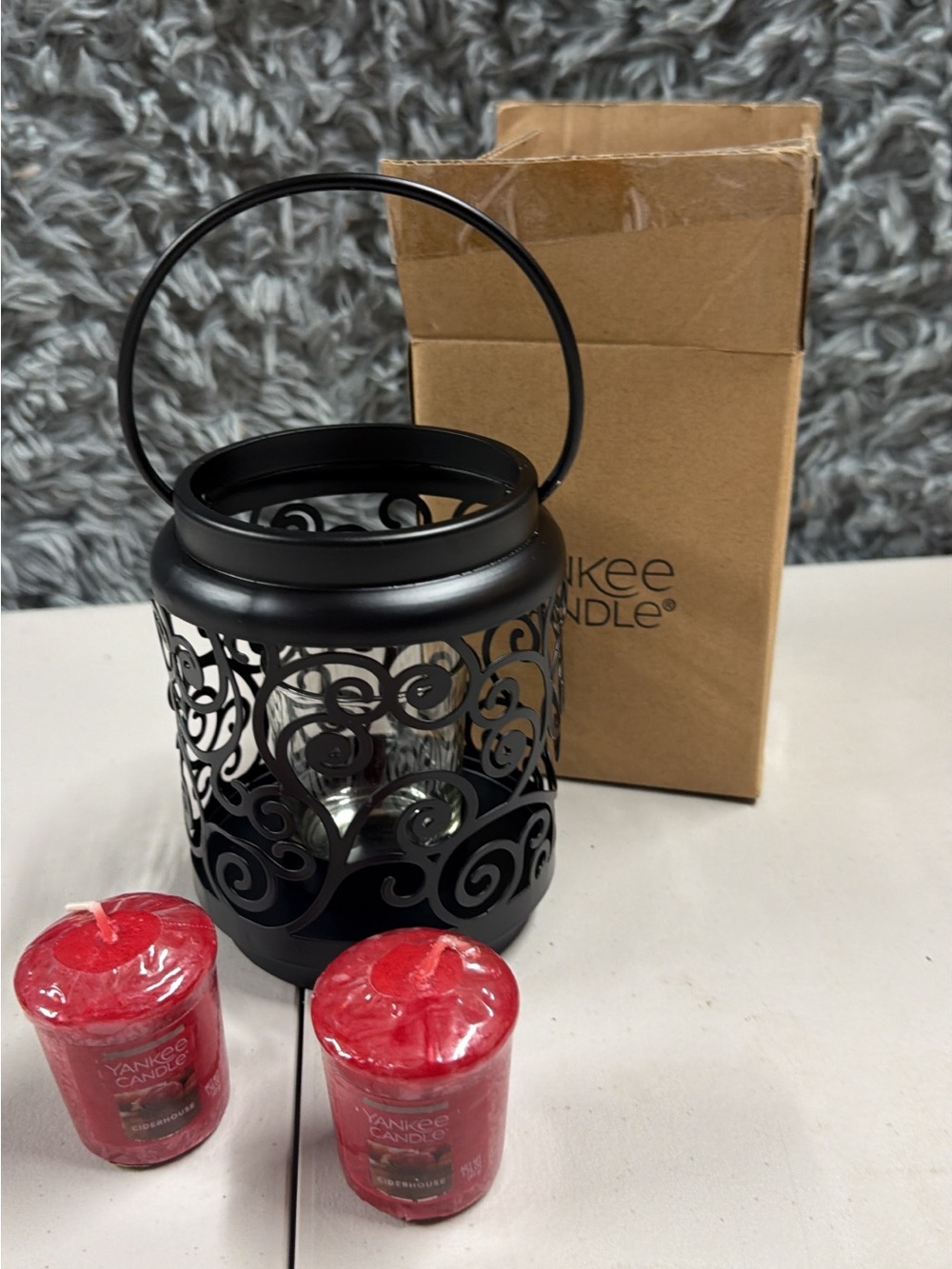 Yankee Candle Black Scroll Lantern with Red Votive Candles